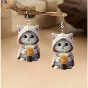 Cat Boba Tea Acrylic Dangle Earrings Kawaii Kitty Hoodie Bubble Tea